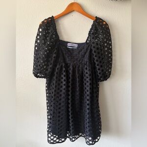 Kimchi Blue Moe Dot Lace Mini Dress with Puff Sleeves Black Navy Women’s Small